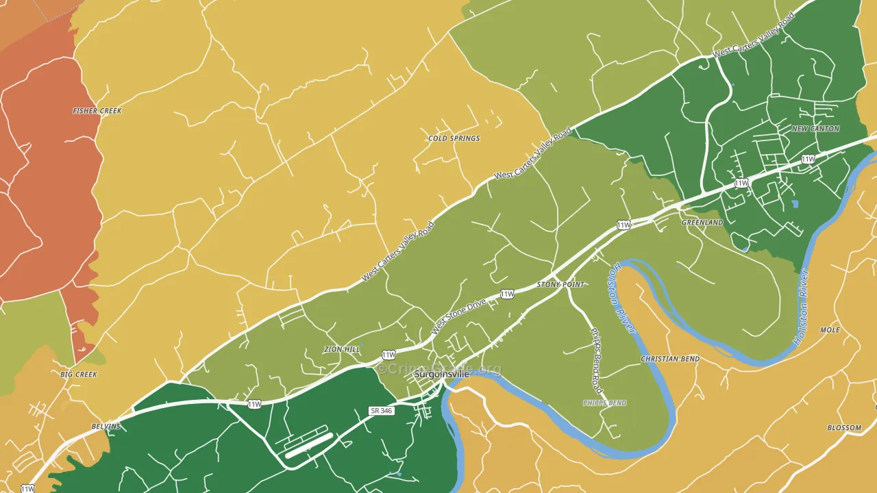 Surgoinsville, TN Map of Robbery Rates