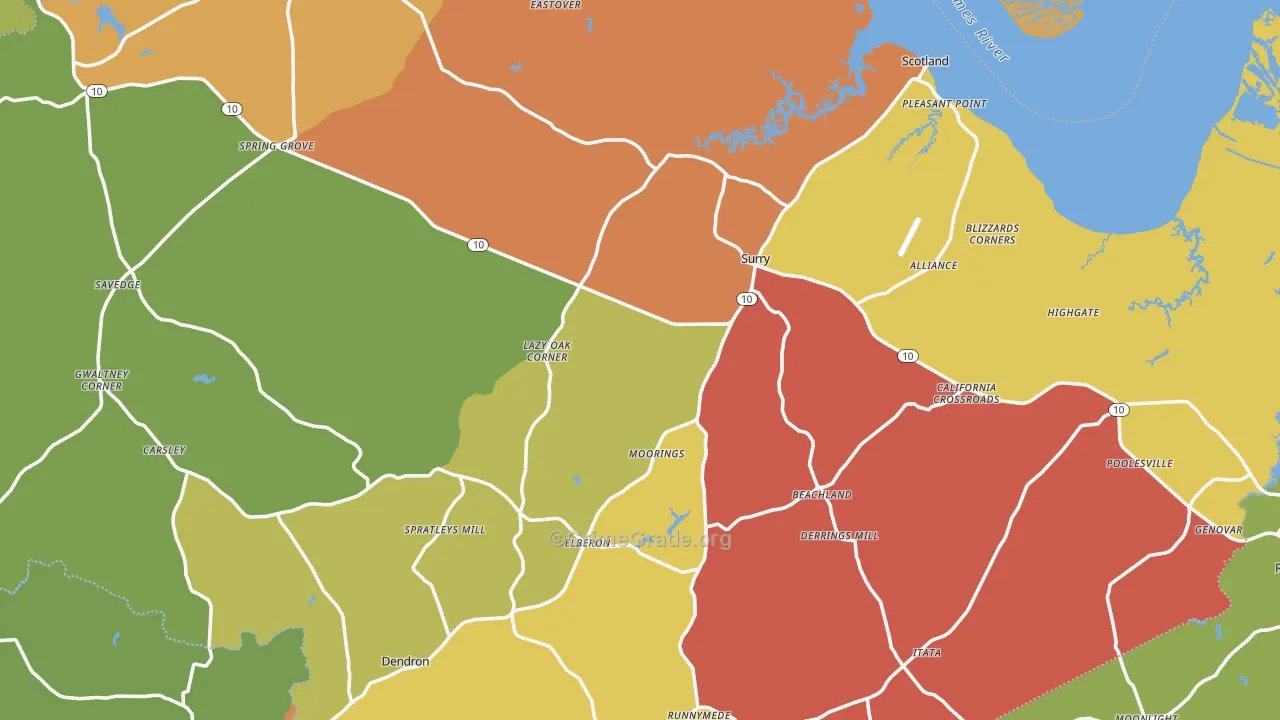 Surry County, VA Map of Robbery Rates