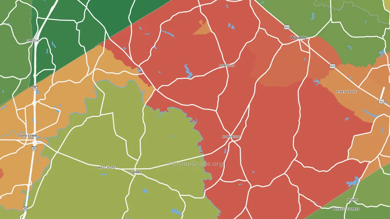 Sussex County, VA Map of Robbery Rates