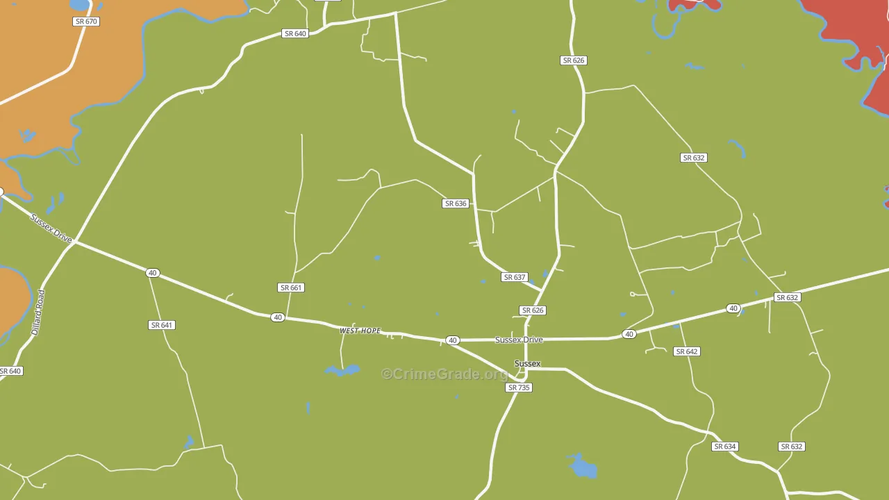 Sussex, VA Map of Robbery Rates