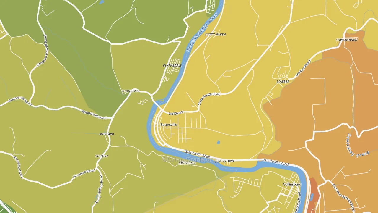 Sutersville, PA Map of Robbery Rates