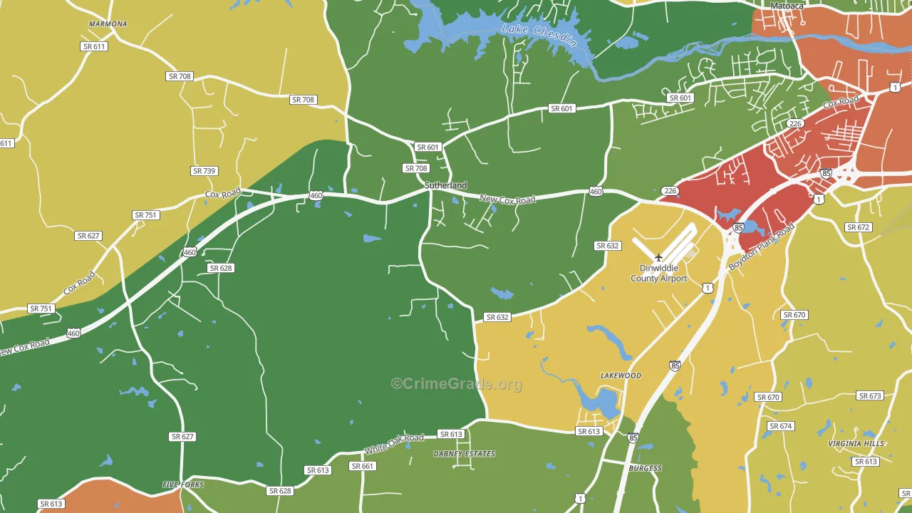 Sutherland, VA Map of Robbery Rates