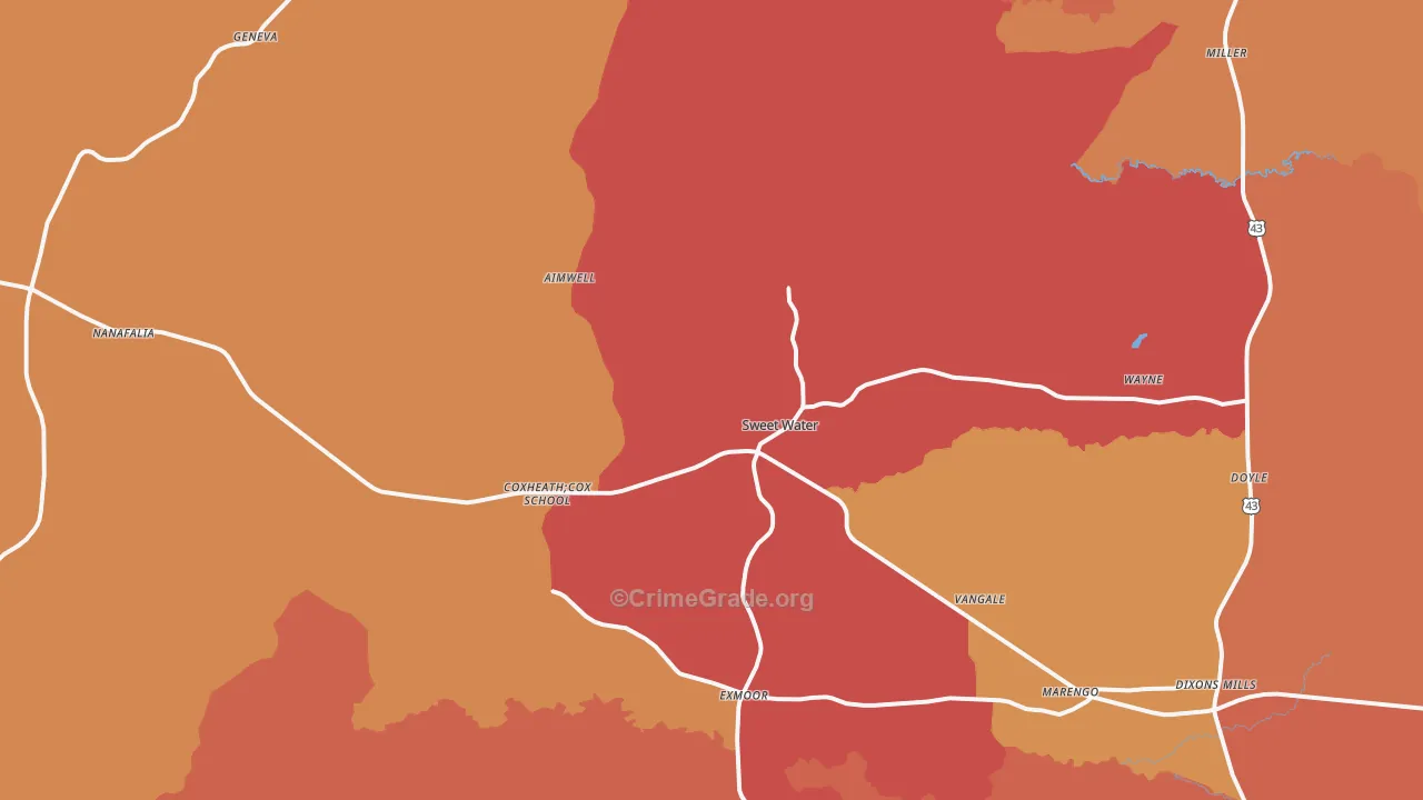 Sweet Water, AL Map of Robbery Rates