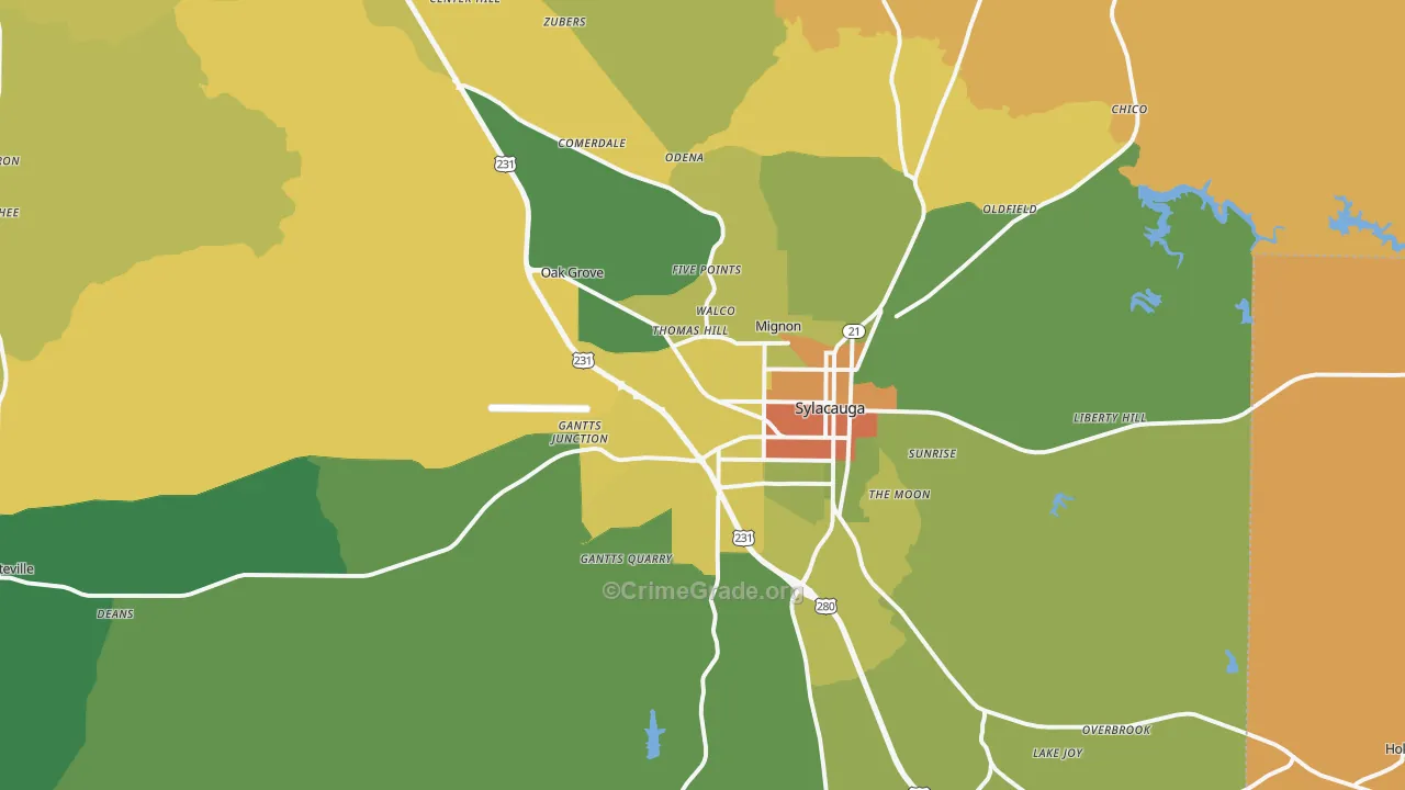 Sylacauga, AL Map of Robbery Rates