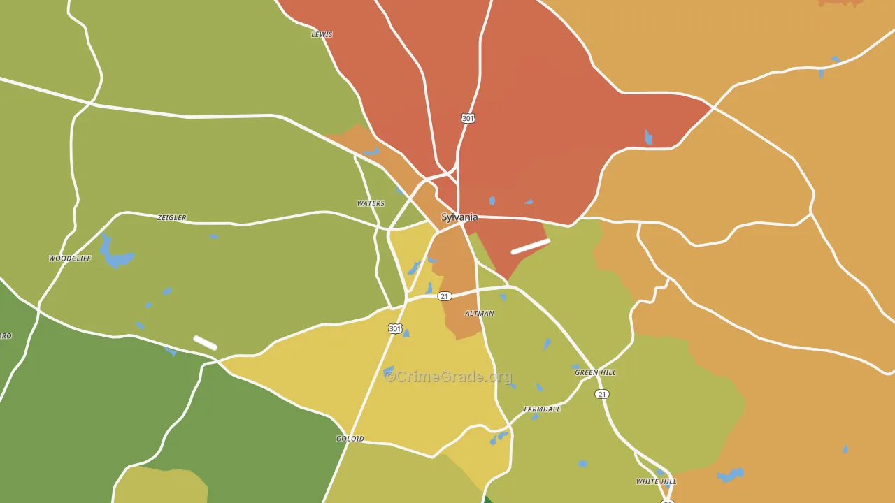 Sylvania, GA Map of Robbery Rates
