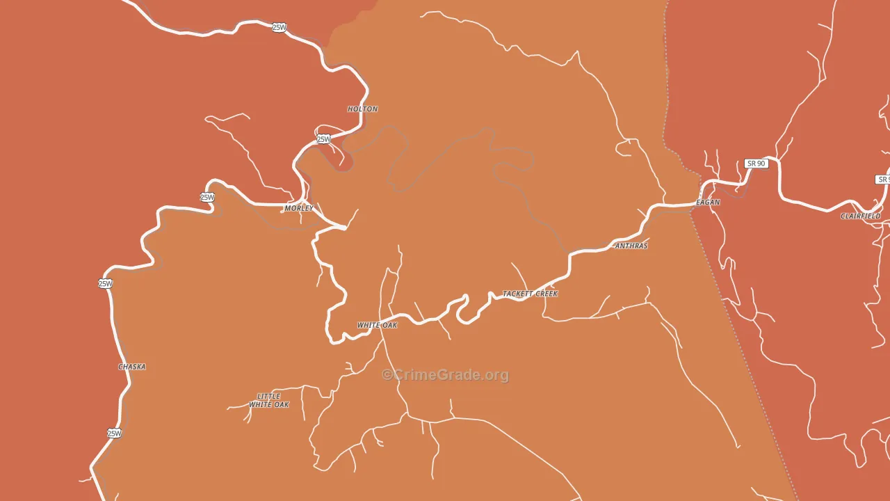 Tackett Creek, TN Map of Robbery Rates