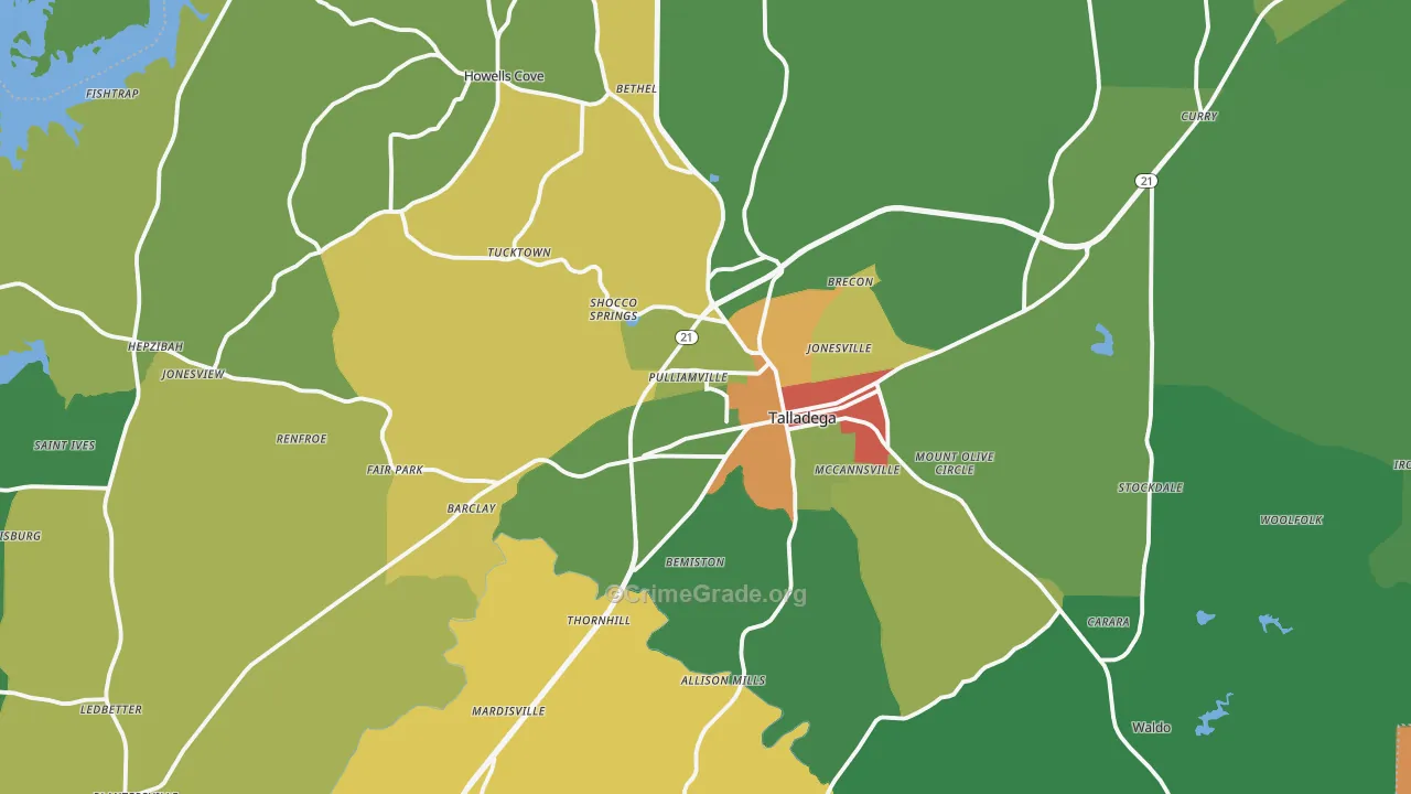 Talladega, AL Map of Robbery Rates