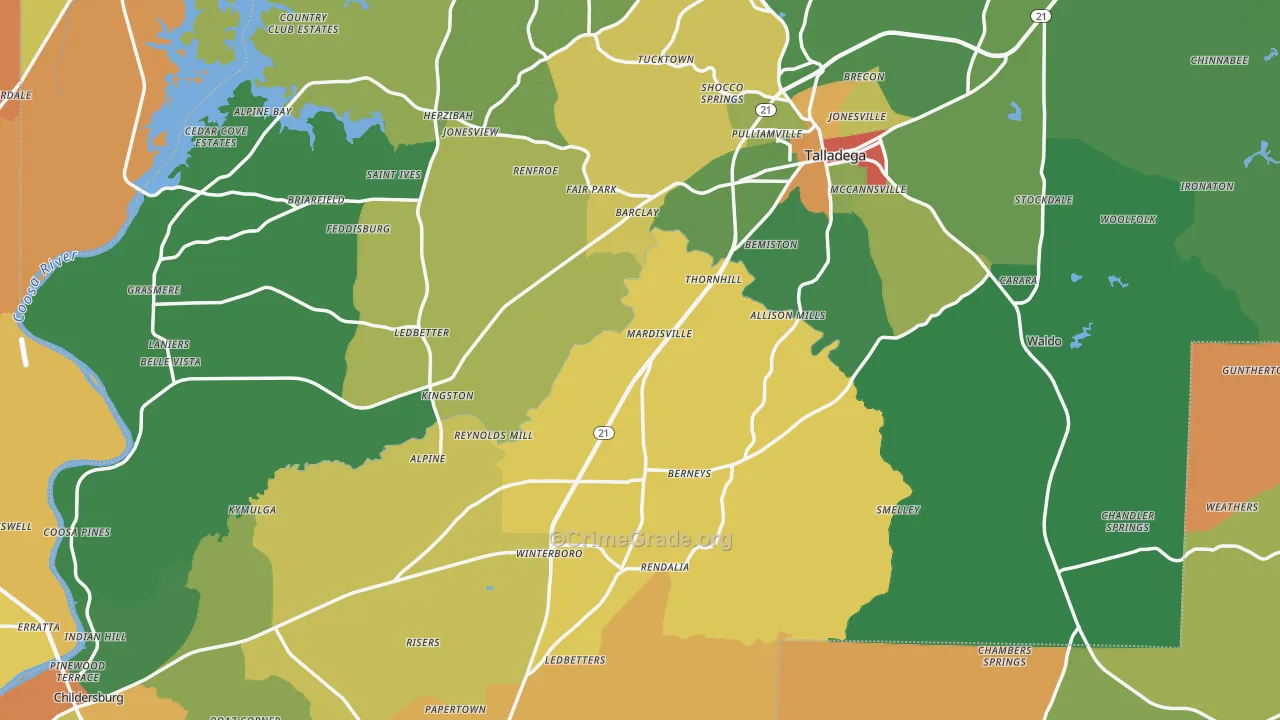 Talladega County, AL Map of Robbery Rates