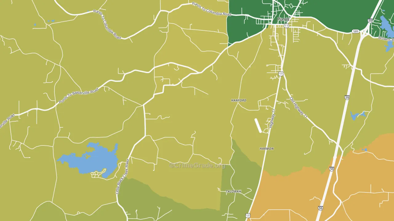 Talowah, MS Map of Robbery Rates