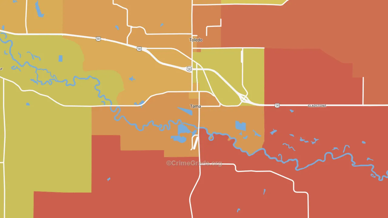 Tama, IA Map of Robbery Rates