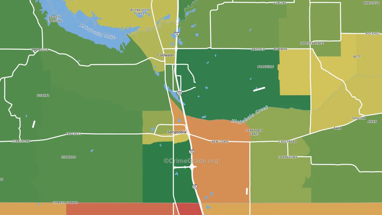 Tate County, MS Map of Robbery Rates