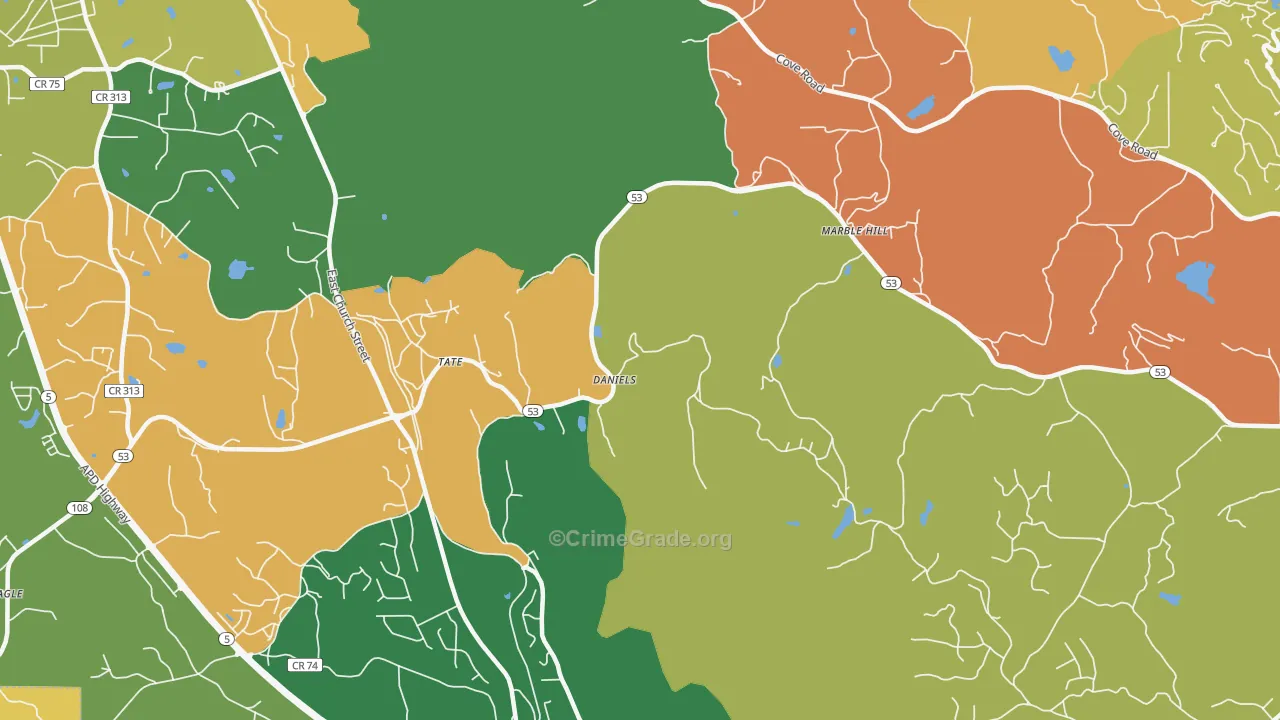 Tate, GA Map of Robbery Rates