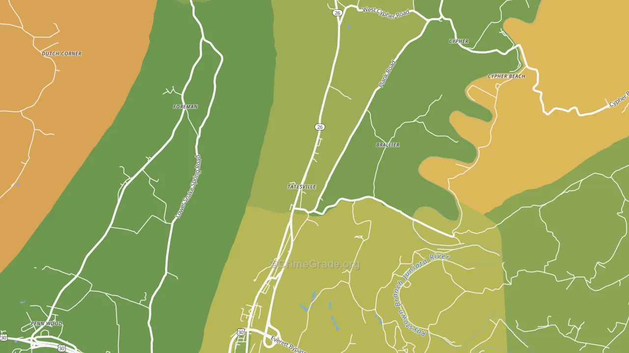 Tatesville, PA Map of Robbery Rates