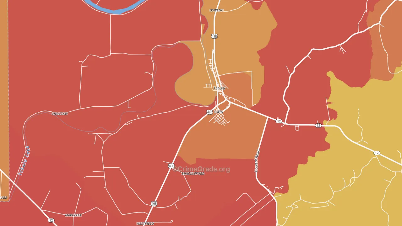 Tchula, MS Map of Robbery Rates