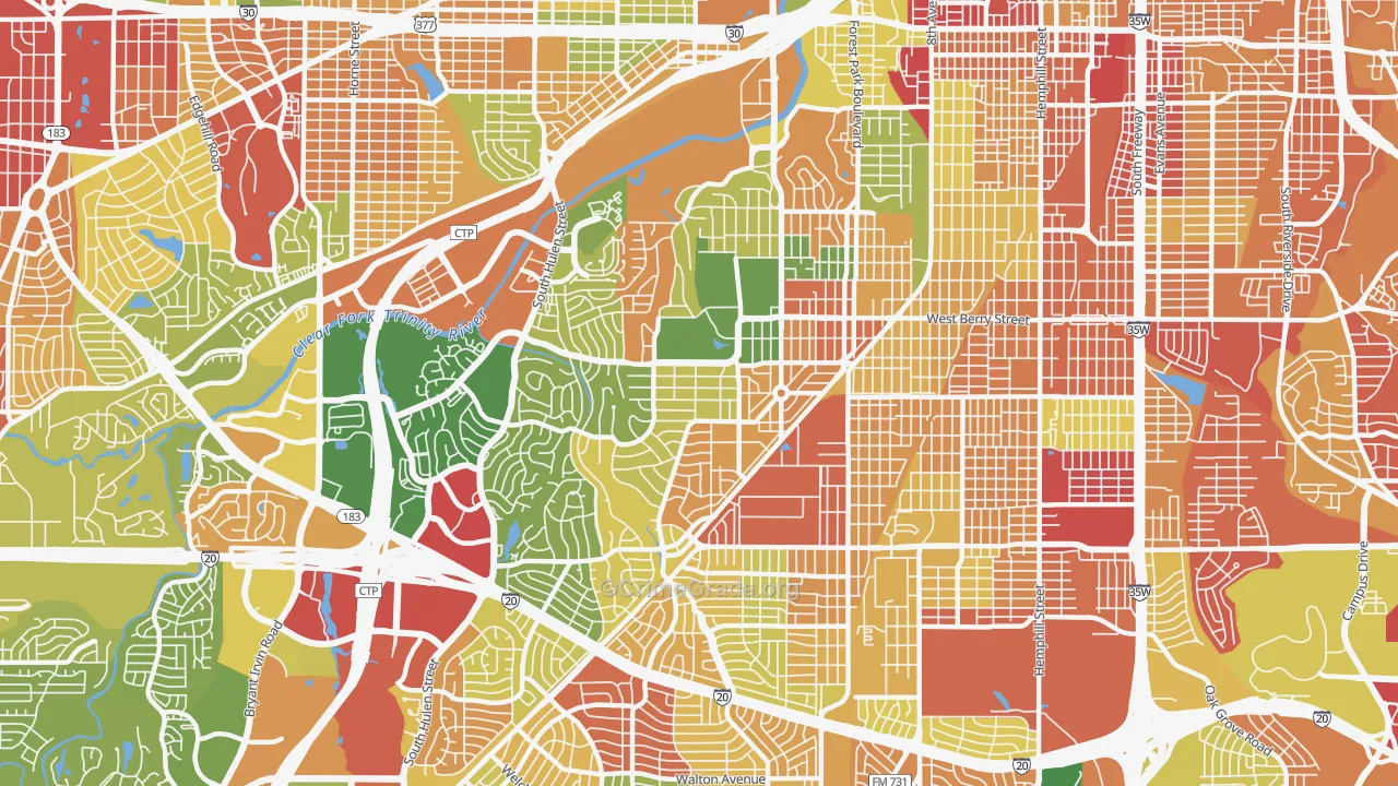 TCU-West Cliff, Fort Worth, TX Map of Robbery Rates
