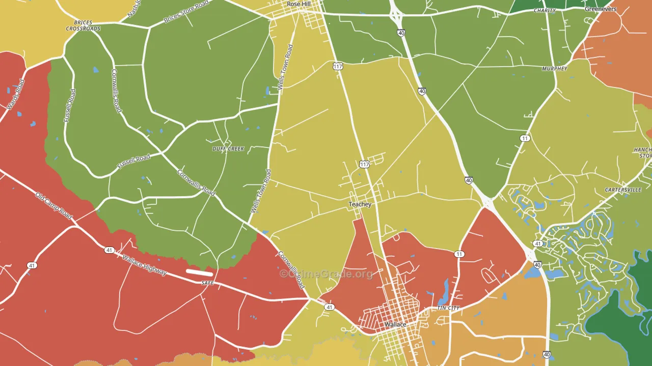 Teachey, NC Map of Robbery Rates