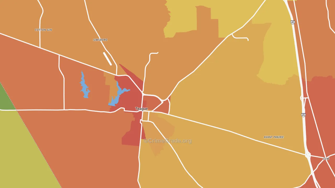 Teague, TX Map of Robbery Rates