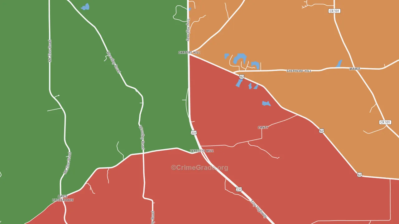 Teasleys Mill, AL Map of Robbery Rates