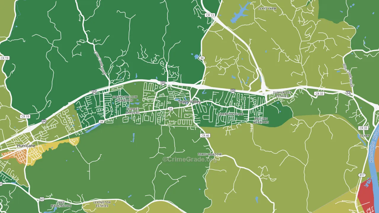 Teays Valley, WV Map of Robbery Rates