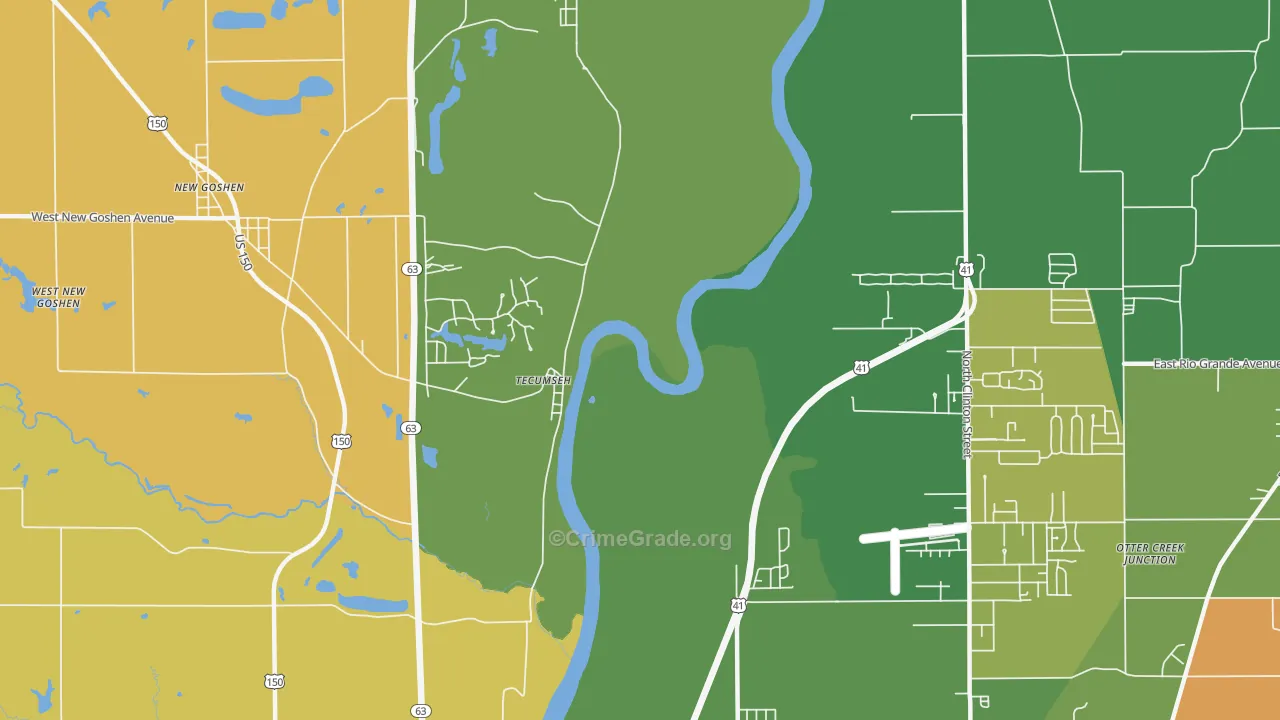 Tecumseh, IN Map of Robbery Rates