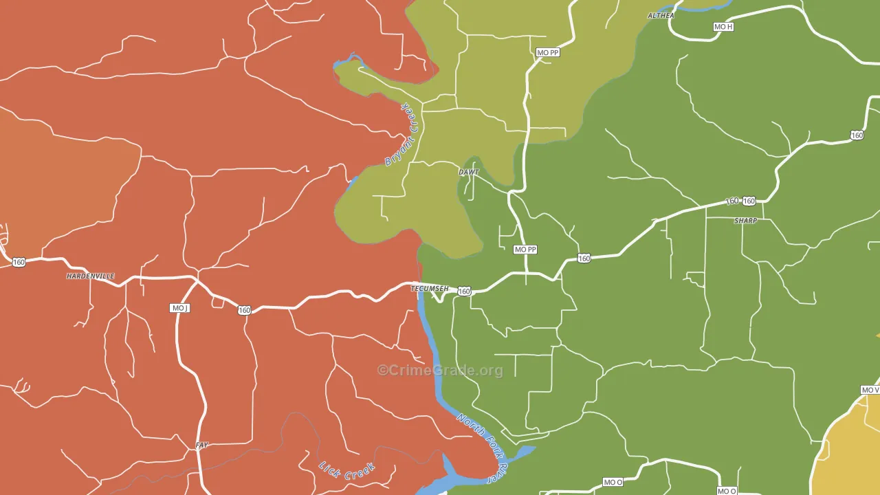 Tecumseh, MO Map of Robbery Rates