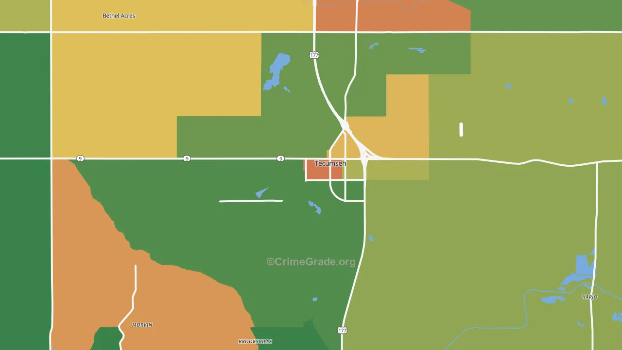 Tecumseh, OK Map of Robbery Rates