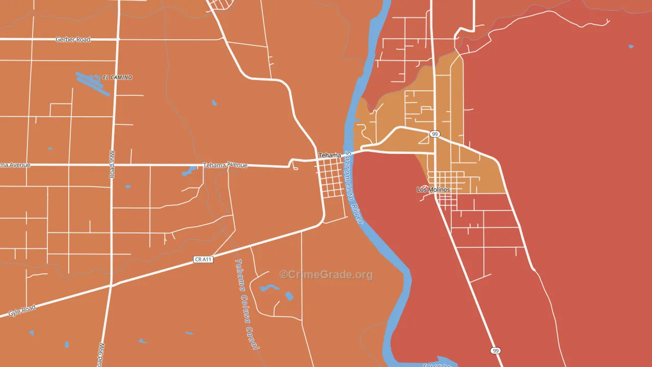 Tehama, CA Map of Robbery Rates