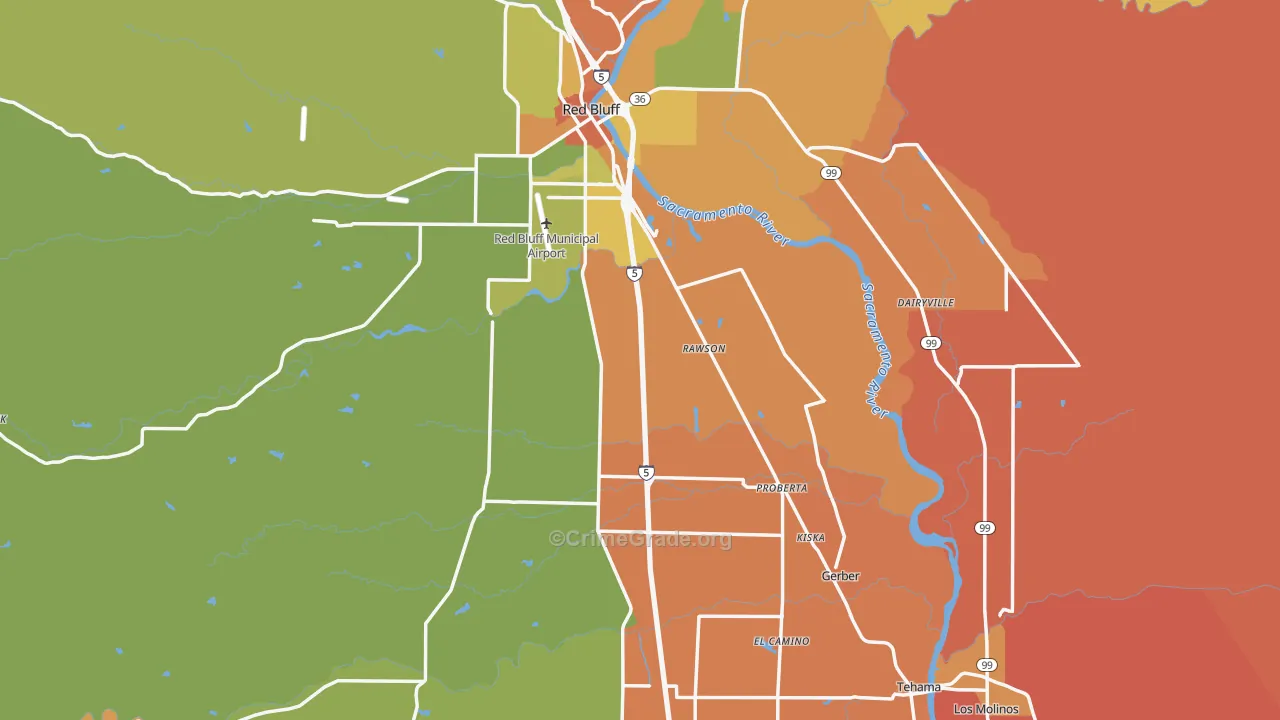 Tehama County, CA Map of Robbery Rates