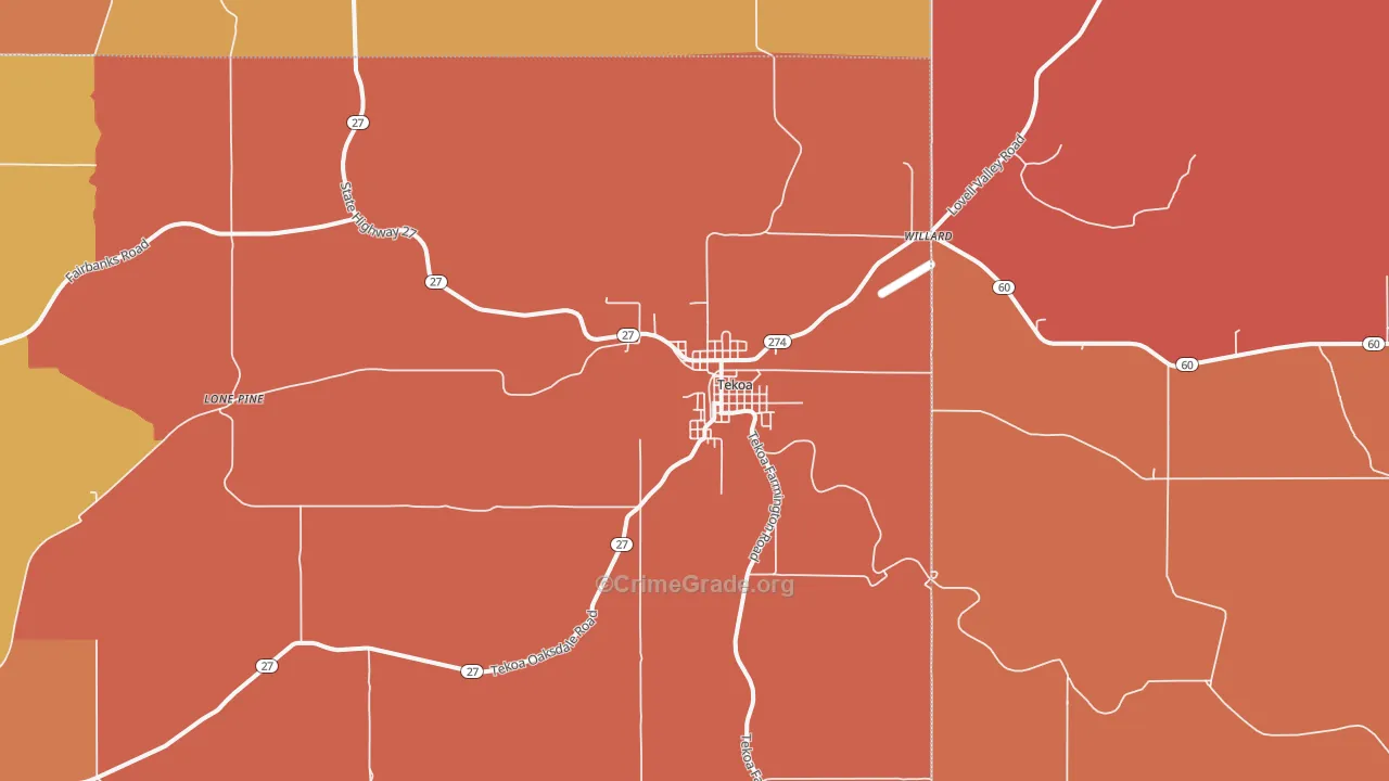 Tekoa, WA Map of Robbery Rates