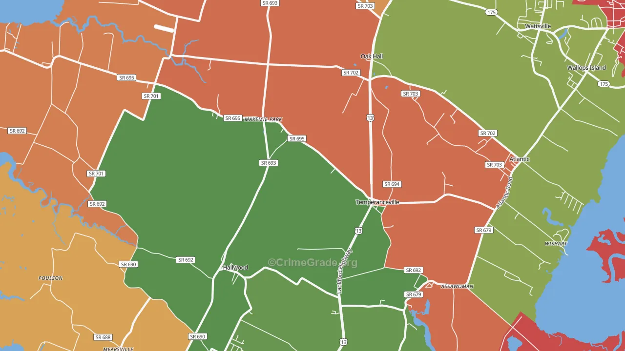 Temperanceville, VA Map of Robbery Rates