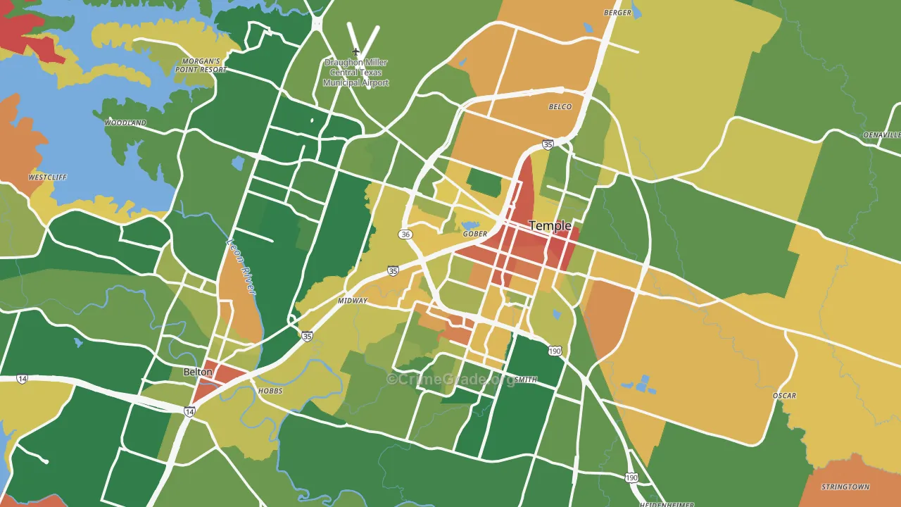 Temple, TX Map of Robbery Rates