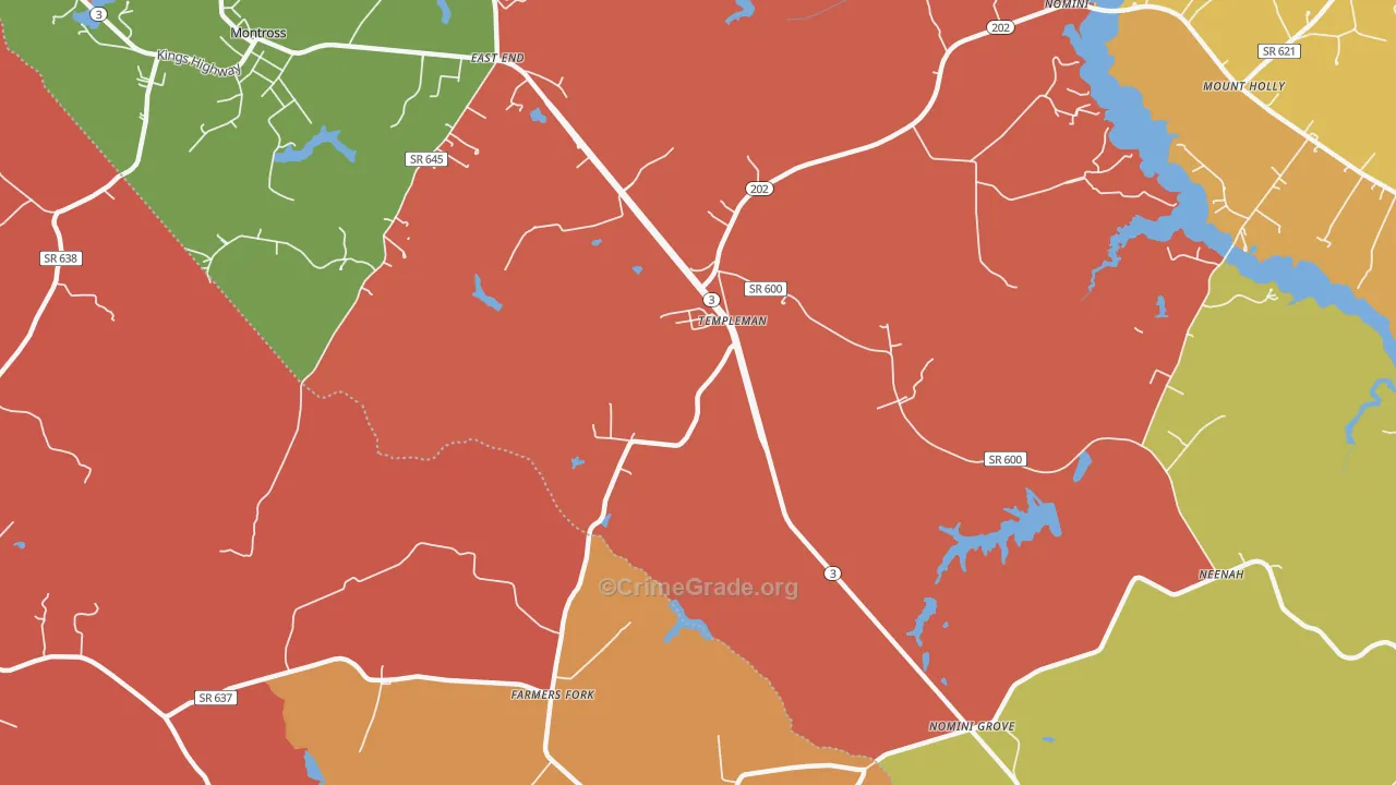 Templeman, VA Map of Robbery Rates