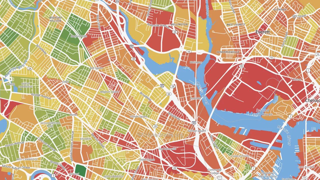Ten Hills, Somerville, MA Map of Robbery Rates
