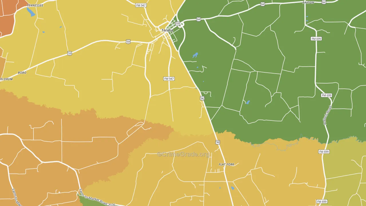 Tenaha, TX Map of Robbery Rates