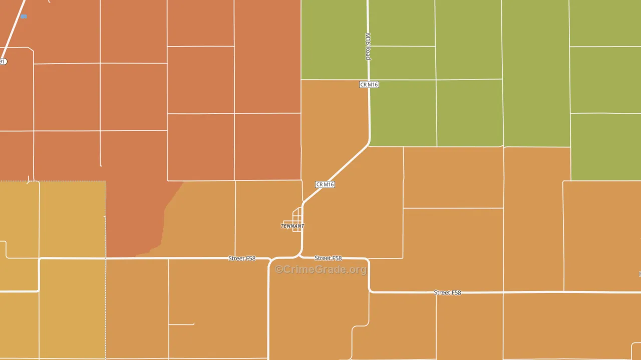 Tennant, IA Map of Robbery Rates