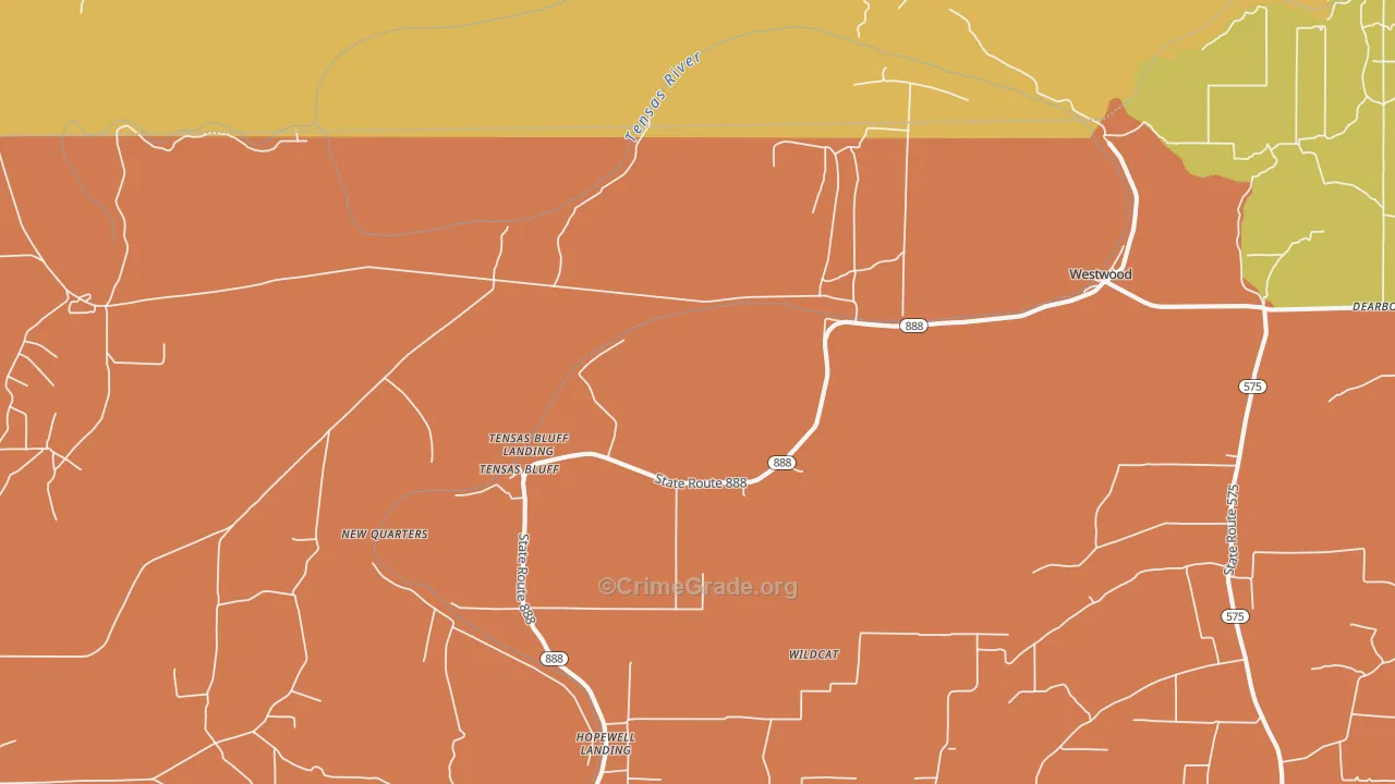 Tensas Bluff, LA Map of Robbery Rates