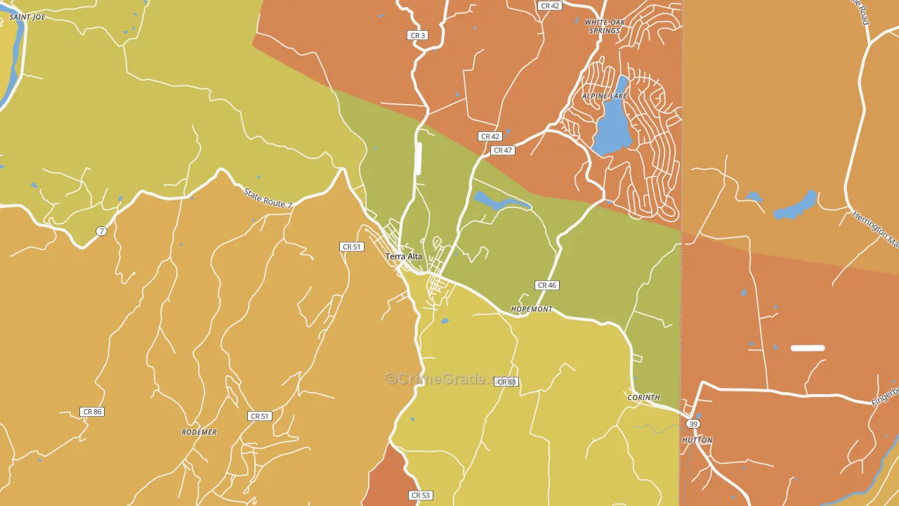 Terra Alta, WV Map of Robbery Rates