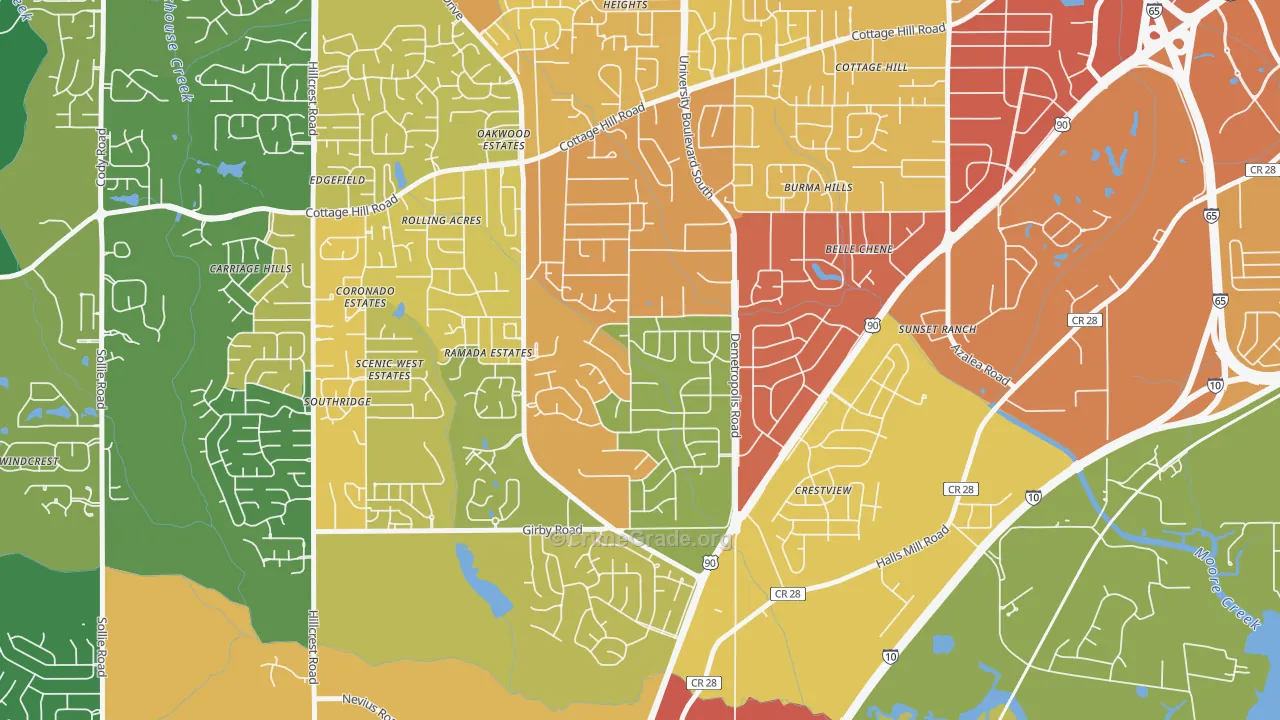 Terrace Hills, Mobile, AL Map of Robbery Rates