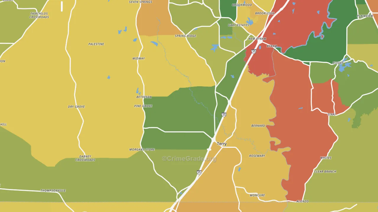 Terry, MS Map of Robbery Rates