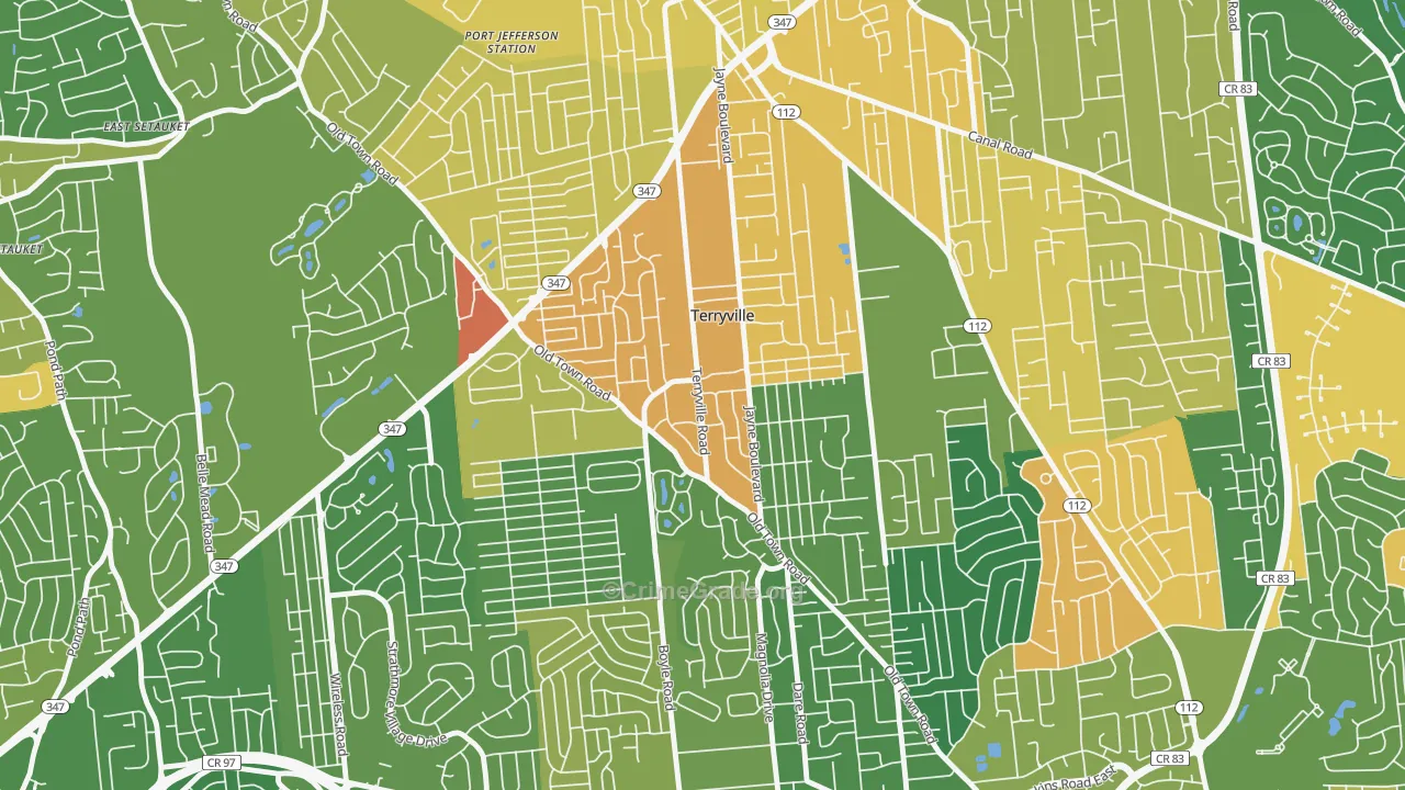 Terryville, NY Map of Robbery Rates