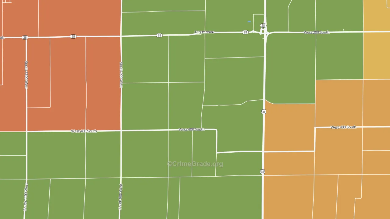 Tetersburg, IN Map of Robbery Rates