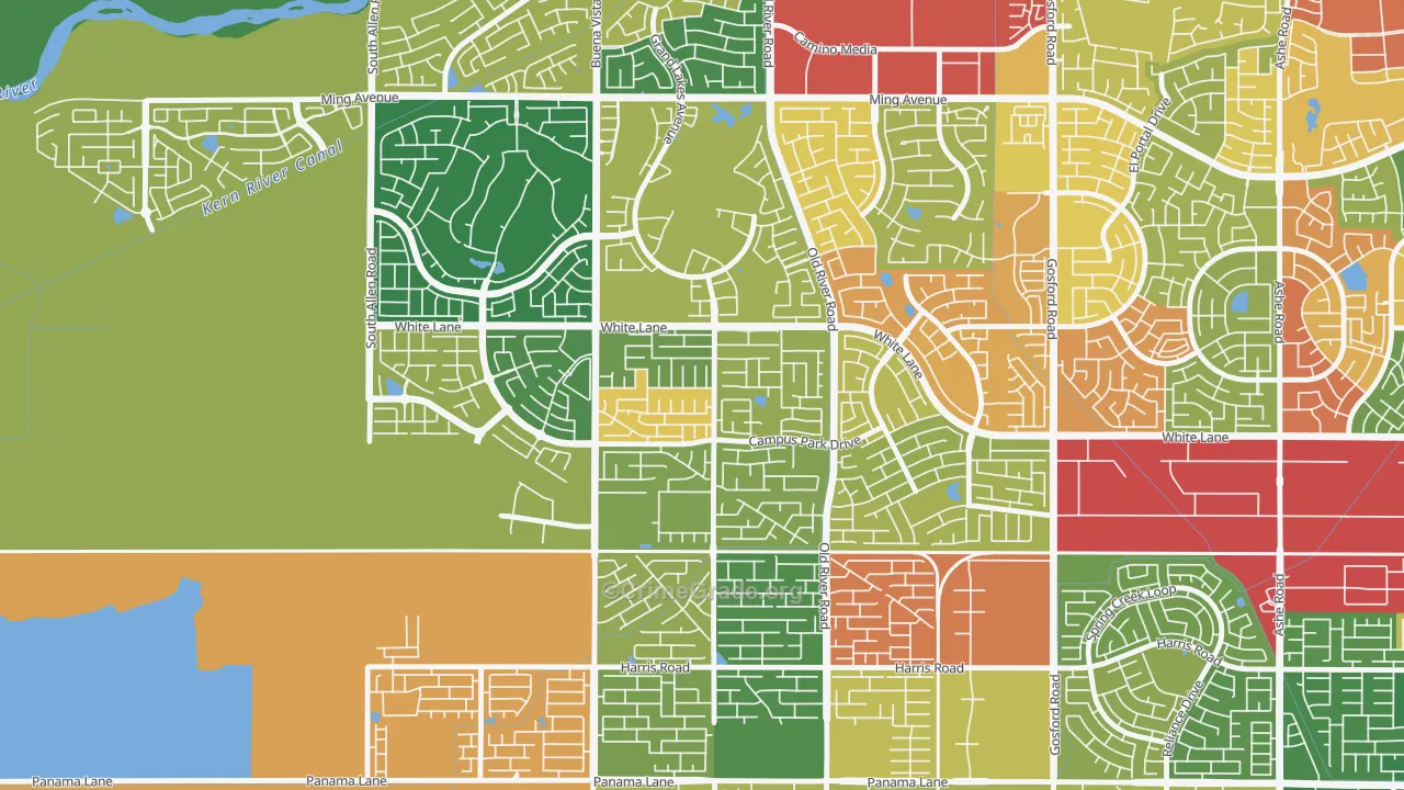 Tevis Ranch, Bakersfield, CA Map of Robbery Rates