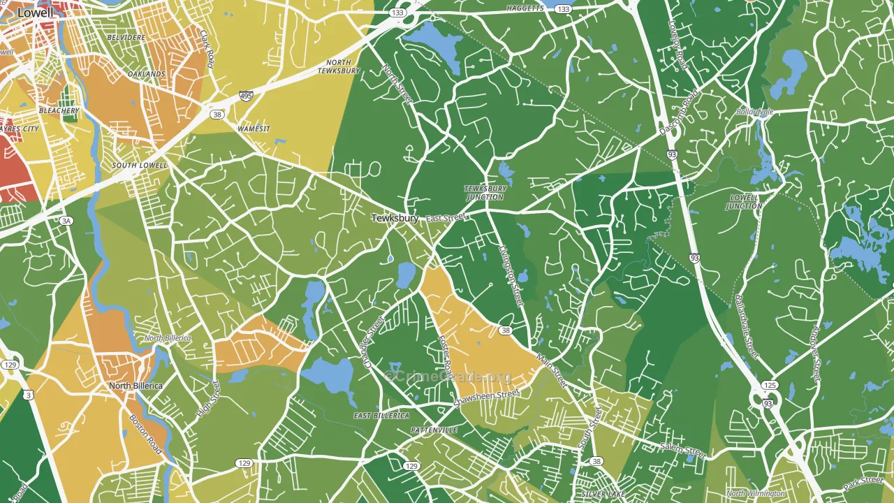 Tewksbury, MA Map of Robbery Rates