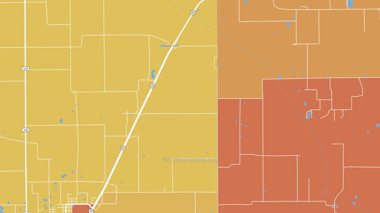 Texas City, IL Map of Robbery Rates