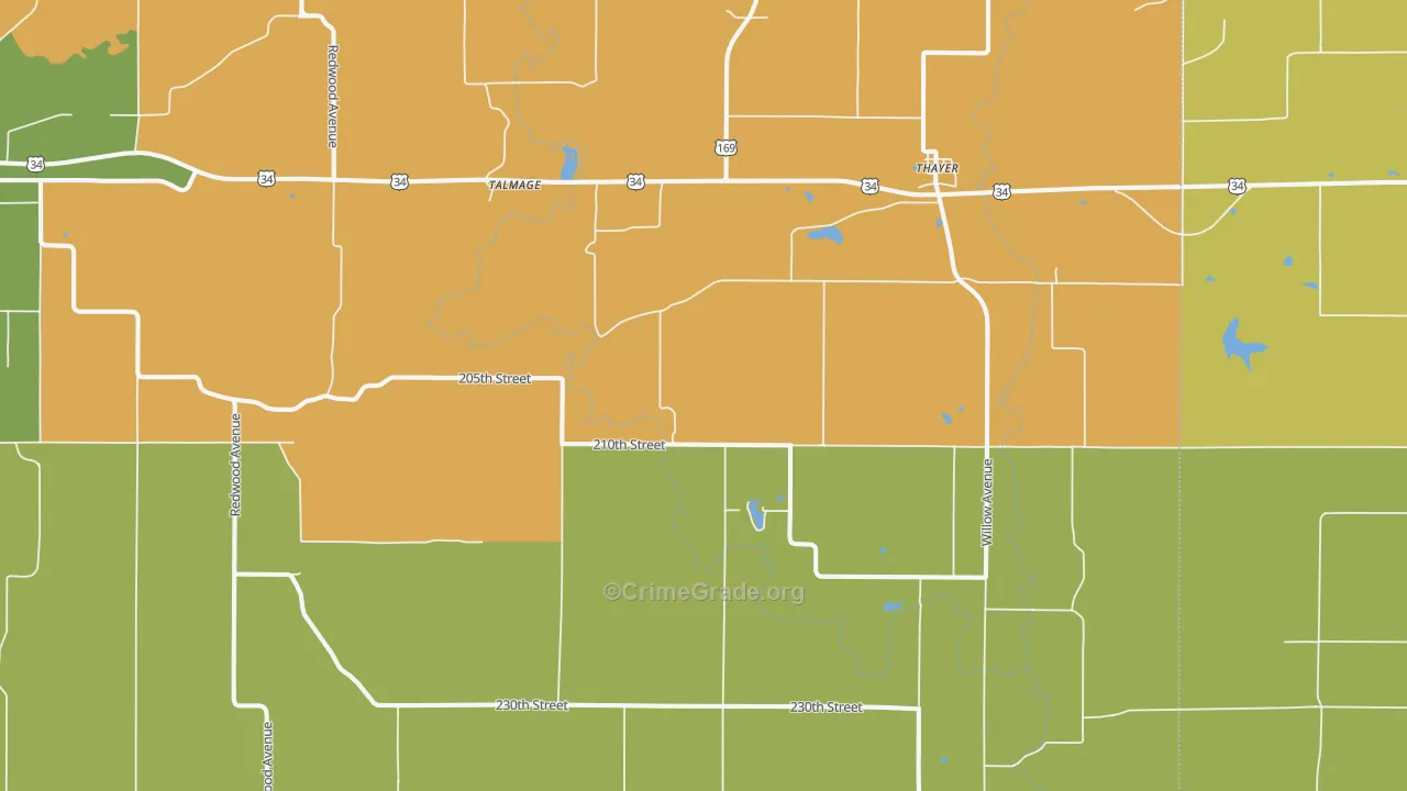 Thayer, IA Map of Robbery Rates