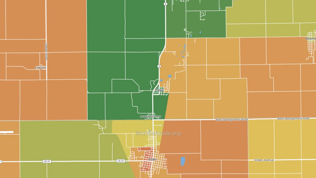 Thayer, IL Map of Robbery Rates