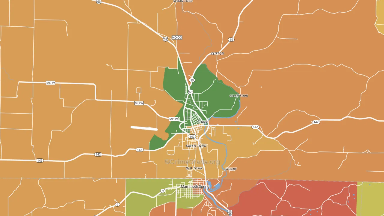 Thayer, MO Map of Robbery Rates