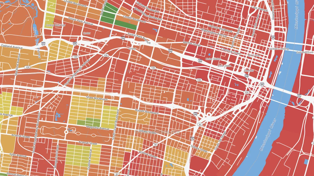 The Gate District, St. Louis, MO Map of Robbery Rates