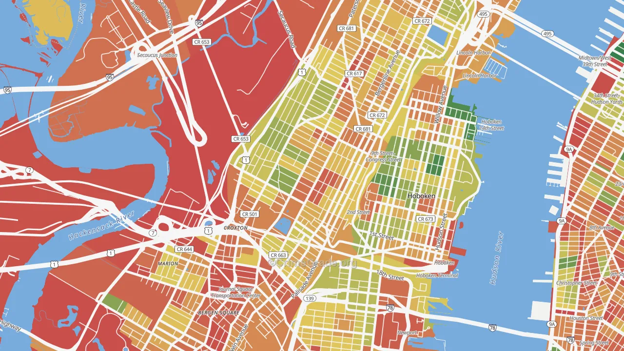 The Heights, Jersey City, NJ Map of Robbery Rates