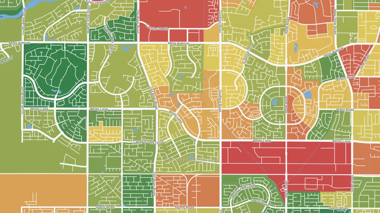 The Oaks, Bakersfield, CA Map of Robbery Rates